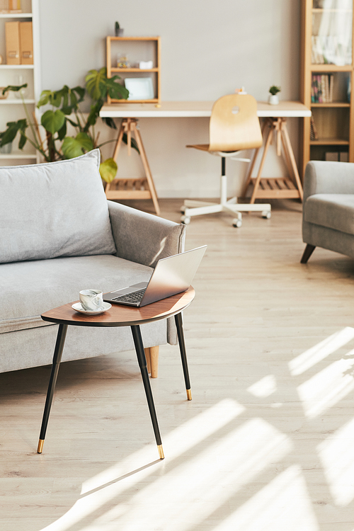 Vertical background image of cozy home interior lit by sunlight with focus on comfortable couch, copy space