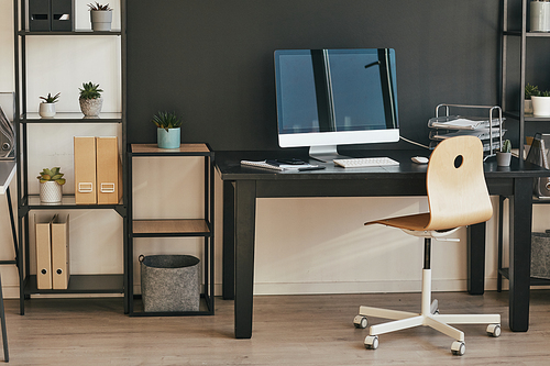 Background image of graphic home office workplace with computer and furniture in black and white, copy space