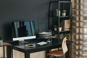 Background image of graphic home office design with furniture in black and white, copy space