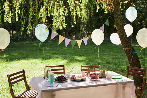 Background image of Summer picnic table outdoors decorated with balloons for Birthday party, copy space