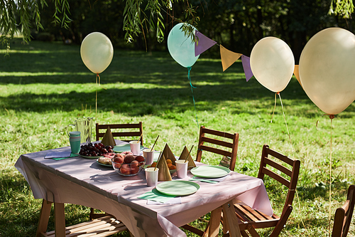 Summer picnic table outdoors decorated with balloons for Birthday party in sunlight, copy space