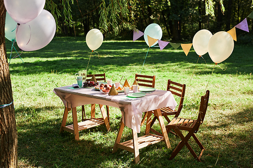Full length background image of Summer picnic table outdoors decorated with balloons for Birthday party, copy space