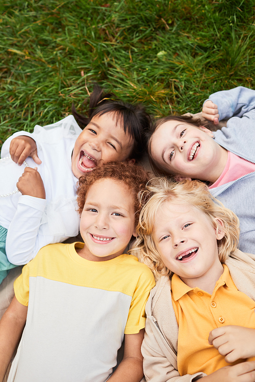 Vertical top view portrait of diverse group of kids lying on grass in park and looking at camera smiling