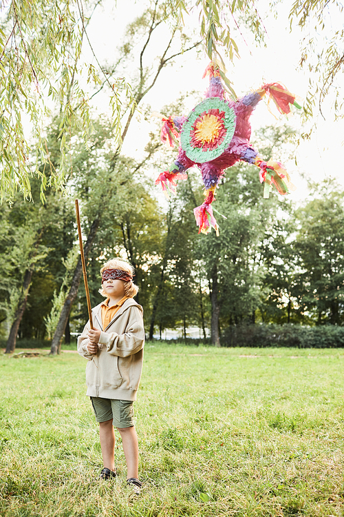 Vertical full length portrait of boy playing pinata game at Birthday party outdoors and holding bat, copy space