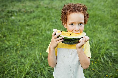 Waist up portrait of curly boy eating watermelon outdoors and looking at camera