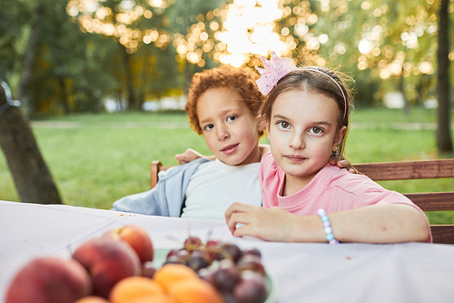 Portrait of boy and girl looking at camera while sitting at picnic table outdoors, copy space
