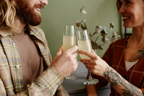 Close-up of young happy couple toasting with glasses of champagne standing in the room