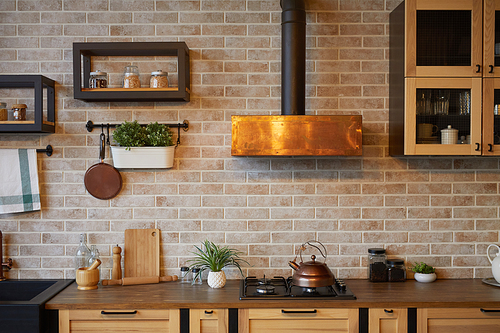 Background image of kitchen interior with brick wall and rustic decor elements, copy space