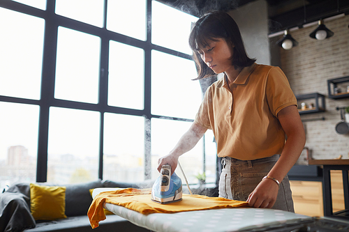 Waist up portrait of young Asian woman ironing clothes at home with steam, household chores concept, copy space
