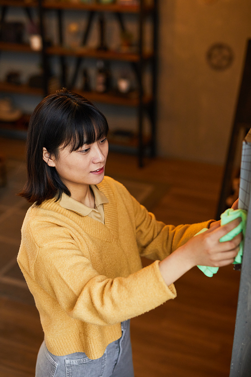 Vertical side view portrait of young Asian woman cleaning and dusting at home