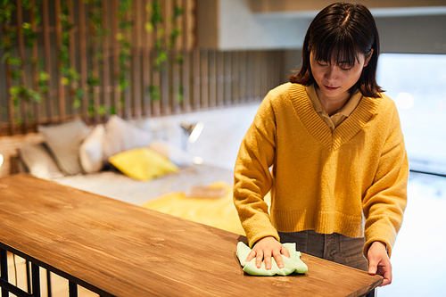 Waist up portrait of young Asian woman cleaning home apartment, copy space