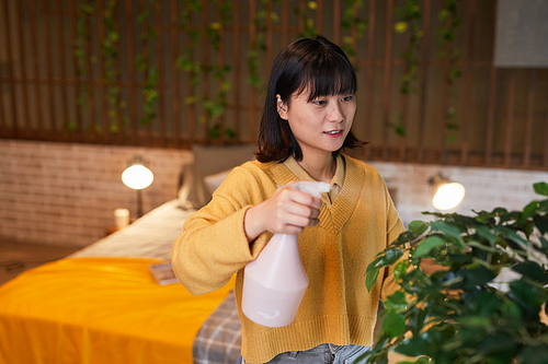 Waist up portrait of young Asian woman watering plants in cozy home interior, copy space