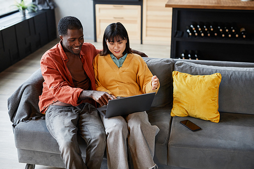 Portrait of young couple watching videos via laptop in cozy home interior, copy space