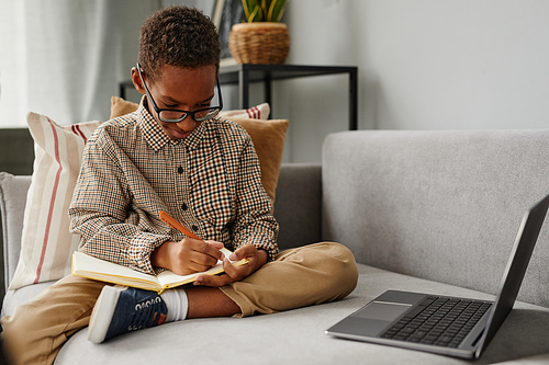 Portrait of young African-American boy writing in notebook while studying at home sitting on sofa, copy space