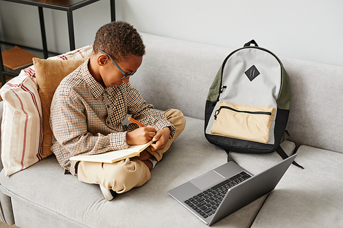 Full length portrait of young African-American boy writing in notebook while studying at home sitting on sofa, copy space