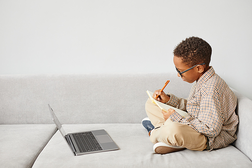 Minimal side view portrait of young African-American boy writing in notebook while studying at home sitting on sofa, copy space