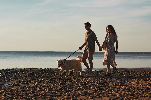 Back lit full length portrait of happy couple with dog walking together by water at sunset, copy space