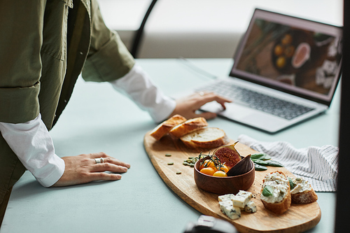 Close up of female food photographer using laptop while working in studio, digital creator concept, copy space