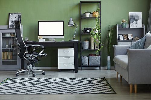 Background image of modern home interior with workplace in olive green tones, copy space