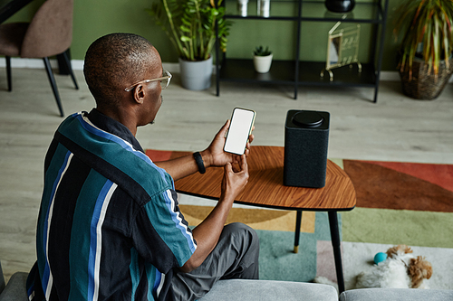 Back view view at modern black man connecting phone to smart speaker with voice controlled home AI