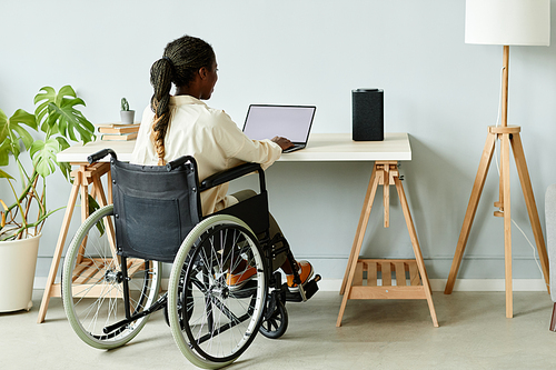 Minimal back view of young black woman in wheelchair using laptop while working at home office, copy space