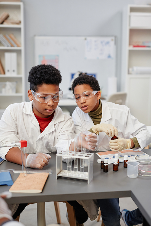 Vertican portrait of two curious African American children watching science experiments in chemistry lab at school