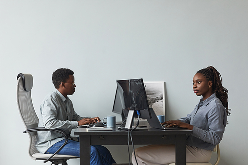 Minimal side view portrait of two African-American young people using computers and writing code while working in software development office, copy space