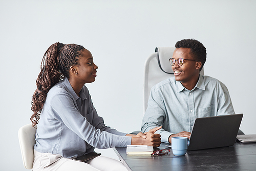 Minimal portrait of two young African-American colleagues collaborating on project and smiling while using laptop together in office, copy space