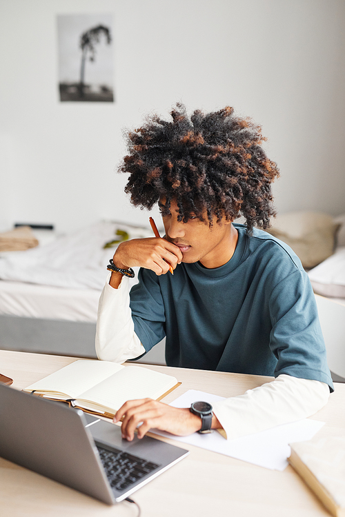 Vertical portrait of African-American teenage boy using laptop while studying at home or in college dorm