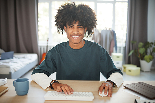 Front view portrait of smiling African-American teenager using computer POV shot, copy space