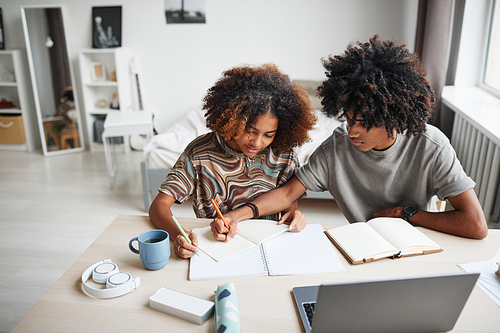 High angle portrait of two African-American teenagers studying together at home, copy space