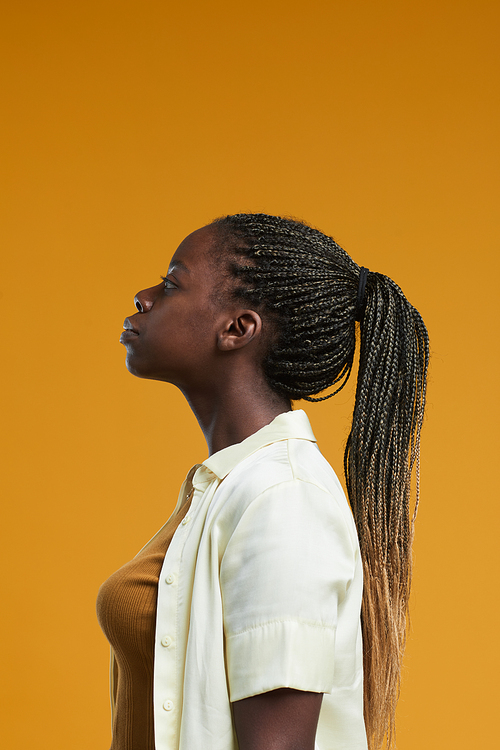 Minimal side view portrait of young African-American woman standing against yellow background in studio with focus on long Afro braids hairstyle