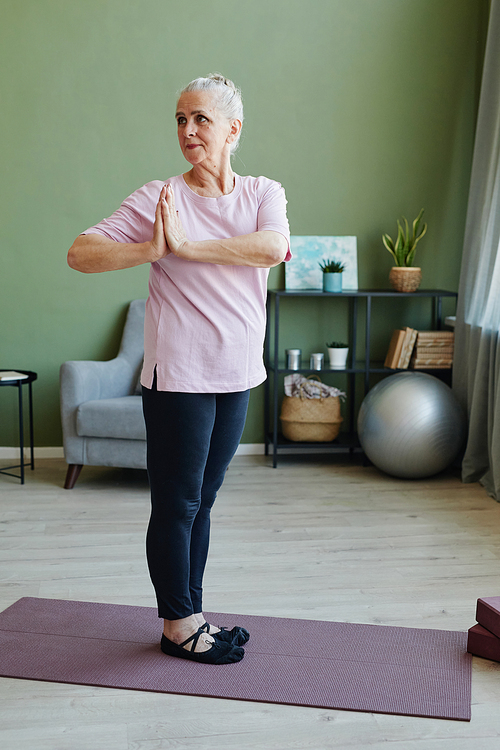 Modern active elderly woman in leggins and t-shirt doing yoga exercise with her hands put together in front of herself