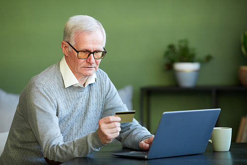 Modern senior man in blue pullover sitting in front of laptop and entering number of credit card while making online payment