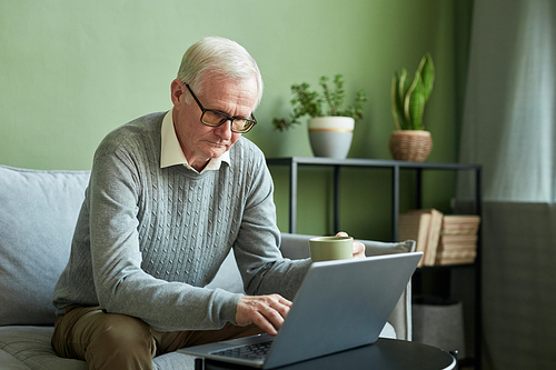 Serious senior man in casual clothes sitting on sofa in front of laptop computer, having drink and working in the net