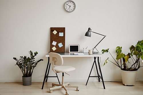 Background image of minimal home office workplace in white tones decorated with green potted plants, copy space