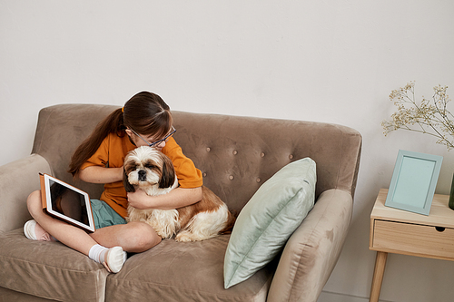 Minimal portrait of teenage girl hugging cute small dog while sitting on couch at home, copy space