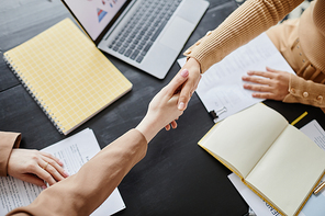 Top view closeup of female HR manager shaking hands with young woman in job interview