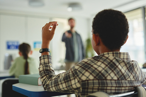 Back view portrait of young black boy raising hand in class and answering questions, copy space