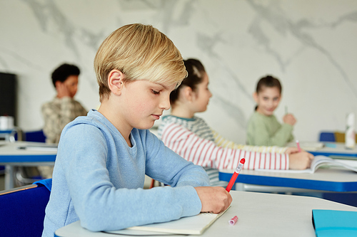 Side view portrait of blond schoolboy writing in notebook while taking test in class, copy space