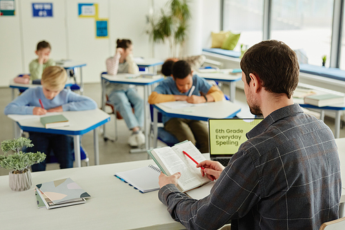 Back view at male teacher sitting at desk in classroom with group of children taking test in background, copy space