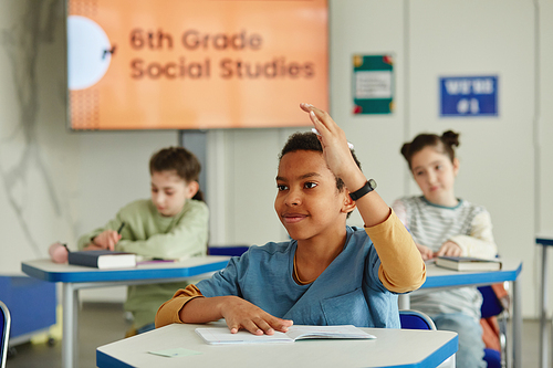 Portrait of smiling African American boy raising hand in classroom and answering question