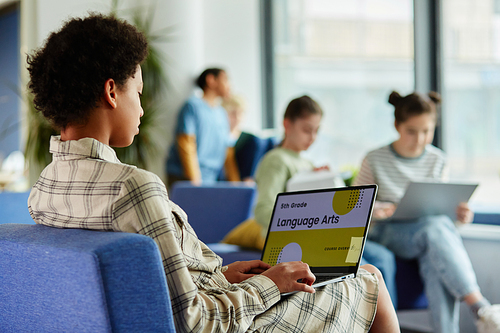 Side view portrait of young black girl using laptop and watching lesson on Language arts online, copy space