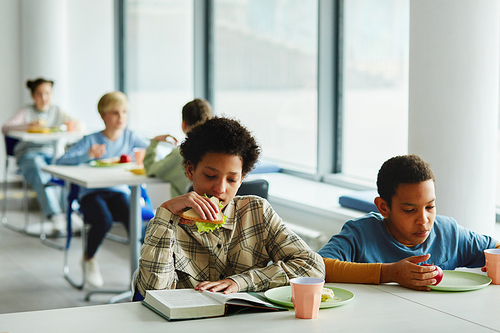 Portrait of schoolchildren at lunch break, focus on young african American girl eating sandwich and reading book, copy space