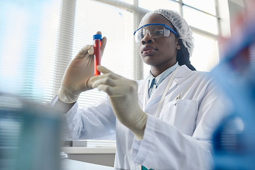 Portrait of black female scientist holding test tube while doing experiments in medical lab