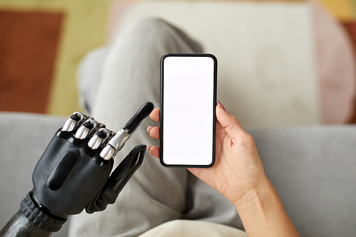 High angle view of young cyborg girl using mobile phone for online communication