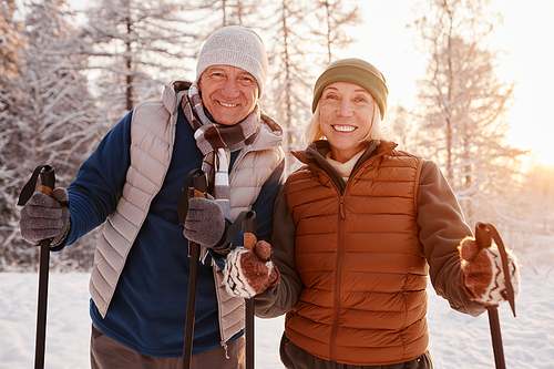 Waist up portrait of active senior couple enjoying Nordic walk with poles in winter forest and looking at camera