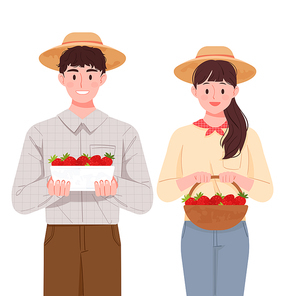 딸기 바구니를 들고 있는 농부 부부