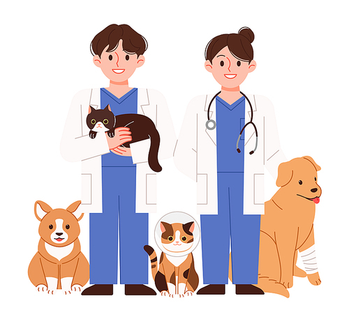 개, 고양이를 진료하는 동물병원. 남녀 수의사 캐릭터 일러스트.
