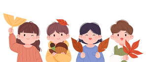 가을 단풍잎과 도토리를 들고있는 귀여운 아이들